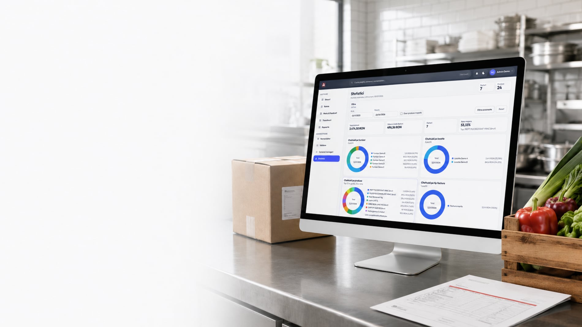 Dashboardul Approvisor pe un monitor, într-o bucătărie profesională